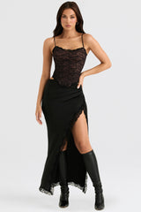 Ruby Black Satin Lace Trim Midi Skirt