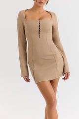 Mistress Rocks Smokey Brown Fitted Long Sleeve Mini Dress - SALE