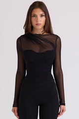 Orelia Black Draped Mesh Bodysuit