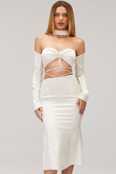 GalaMistress Rocks Off White Satin Tie Waist Midi Skirt - SALE