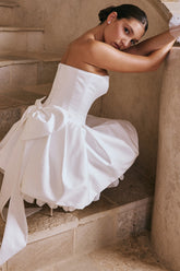 Noele White Satin Strapless Bow Mini Gown
