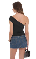 Embellished Capped One Shoulder Top in Black