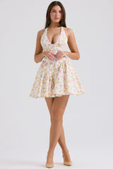 Valentia Ivory Meadow Print Cotton Halter Mini Dress