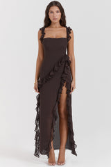 Ariela Espresso Ruffle Maxi Dress