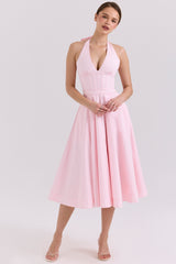 Allena Pink Stretch Cotton Halter Midi Sundress