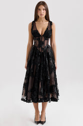 Sianna Black Embroidered Tulle Corset Midi Dress