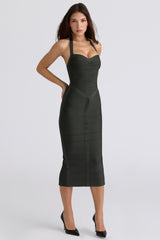 The Supermodel Emerald Halter Neck Bandage Midi Dress