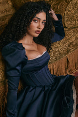 Venetia Midnight Satin Puff Sleeve Mini Dress - SALE