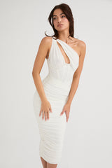 Valentina Ivory Asymmetric Cutout Midi Dress