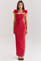 Tiff Holly Red Velvet Lace Maxi Dress
