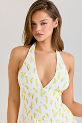 Iris Lemon Floral Print Georgette Halter Neck Mini Dress
