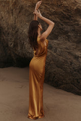 Safaira Amber Satin Draped Cowl Neck Maxi Dress
