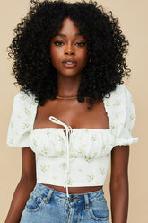 Arianna Ivory Floral Puff Sleeve Cropped Top