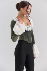 Jacinda Forest Green Velvet Lace Trimmed Corset Top - SALE