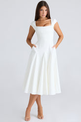 Raisa White Square Neck Twill Midi Dress