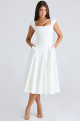 Raisa White Square Neck Twill Midi Dress