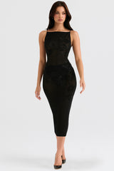 Amirah Black Mesh Crystal Embellished Midi Dress