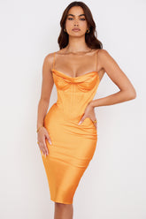 Myrna Tangerine Satin Corset Midi Dress