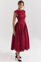 Debutante Berry Lace Backless Midi Dress