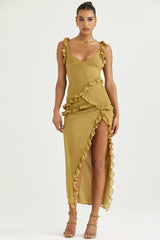 Pixie Olive Ruffle Maxi Dress