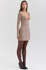 Angelie Brown Puppytooth Check Plunge Mini Dress - SALE