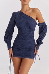 Mistress Rocks Navy Broderie Cotton Off Shoulder Mini Dress - SALE