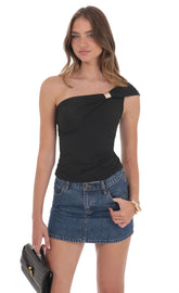 Embellished Capped One Shoulder Top in Black