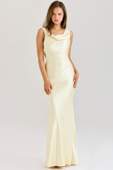 Safaira Buttermilk Satin Draped Cowl Neck Maxi Dress