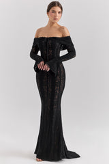 Belle Black Off Shoulder Floral Lace Maxi Dress