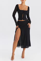 Mistress Rocks Black Embroidered High Split Skirt - SALE