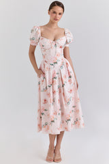 Lulabell Peach Floral Cotton Puff Sleeve Midi Dress