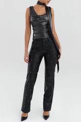 Mistress Rocks Black Vegan Leather Crystal Embellished Trousers - SALE