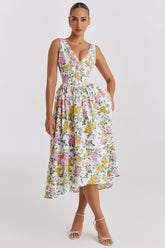 Emmelina White Vintage Rose Print Cotton Corset Sundress
