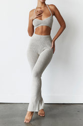 Raven Oatmeal Ribbed Knit Flared Trousers - SALE