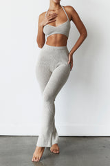 Raven Oatmeal Ribbed Knit Flared Trousers - SALE