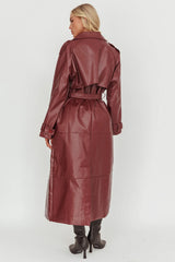 Lyora Longline Faux Leather Trench Coat Burgundy