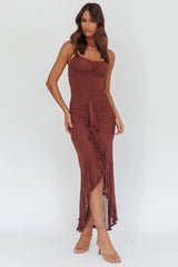 Kamilah Gathered Cascading Ruffle Midi Dress Maroon