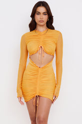 Jeanelle Orange Ruched Mesh Long Sleeve Cutout Mini Dress