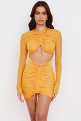 Jeanelle Orange Ruched Mesh Long Sleeve Cutout Mini Dress