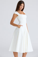 Raisa White Square Neck Twill Midi Dress