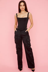 Daria Black Satin Straight Leg Cargo Trousers