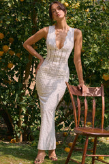 Sophina White Cotton Broderie Anglais Plunge Maxi Dress