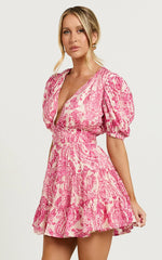Adea Mini Dress Plunge Puff Sleeve Tiered Dress in Pink Floral