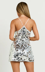 Amore Mini Dress Sequin V Neck Slip Dress in Silver