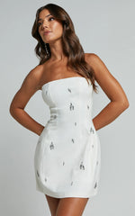 Anziel Mini Dress Strapless Structured Cluster Embellishment Dress in White