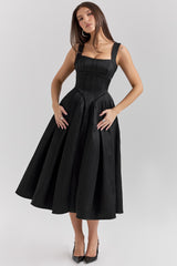 Isabeau Black Textured Satin Corset Midi Dress