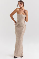Persephone Pale Gold Chiffon Mesh Strapless Corset Maxi Dress
