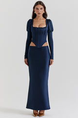 Charlene Navy Satin Bias Cut Maxi Skirt