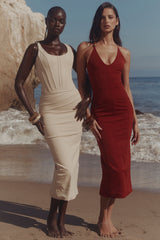 Ria Terracotta Stretch Cotton Fitted Midi Dress