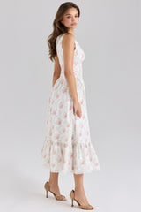 Sienna Rose Print Stretch Cotton Lace Up Midi Dress